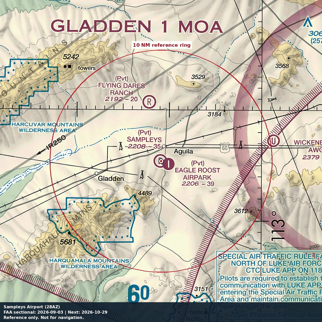 Sampley's Airport: 10 NM chart reference. Not for navigation.