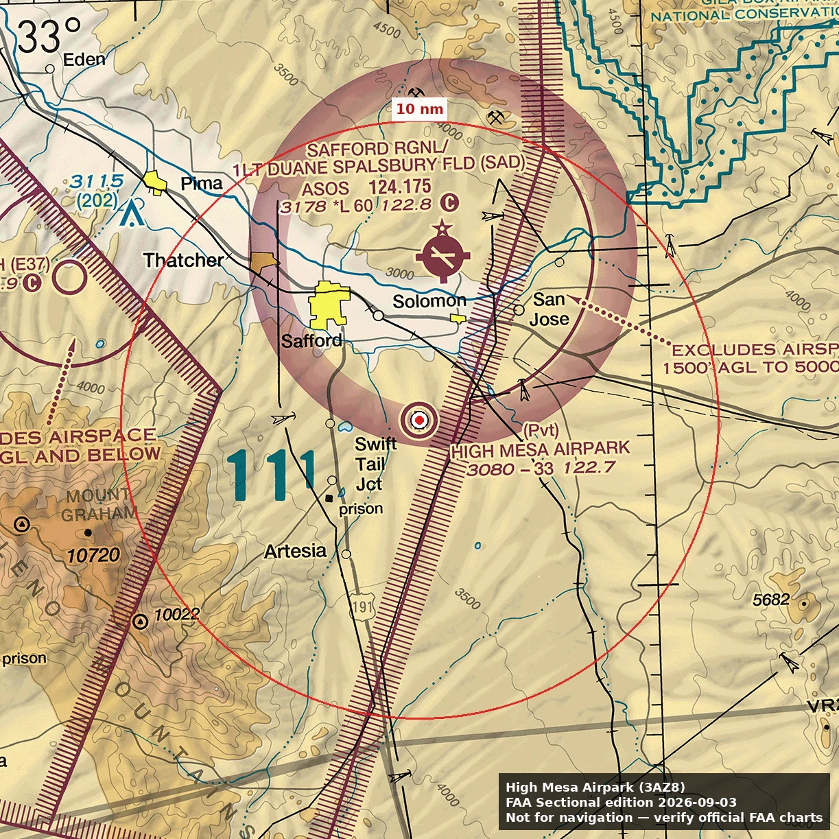 FAA sectional reference with a location-specific reference ring. Not for navigation.