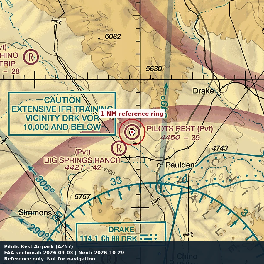 Pilots Rest Airpark: 1 NM chart reference. Not for navigation.