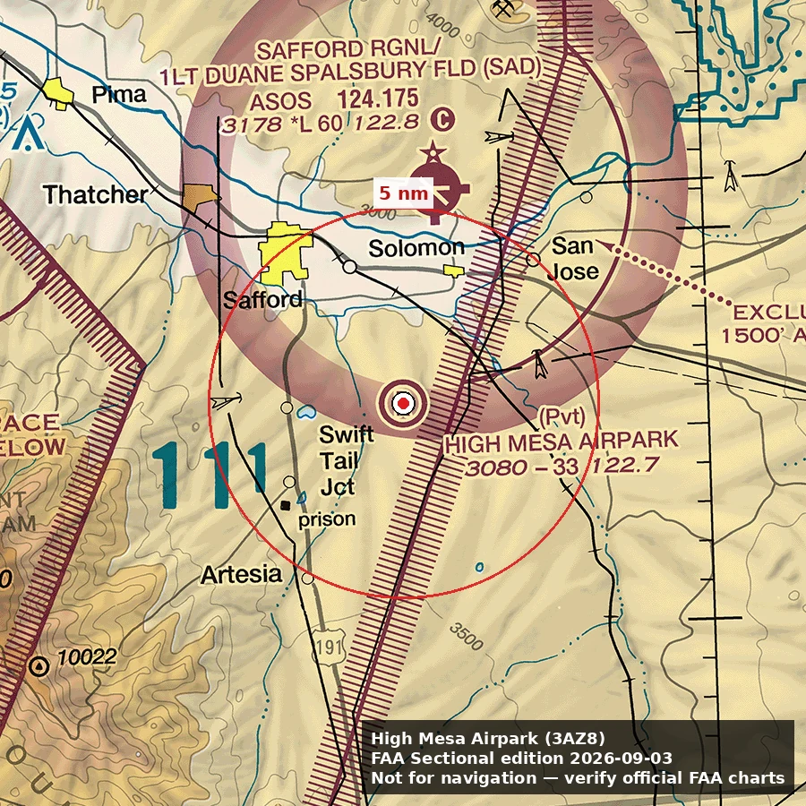 High Mesa Airpark · 5 NM reference ring. Not for navigation.