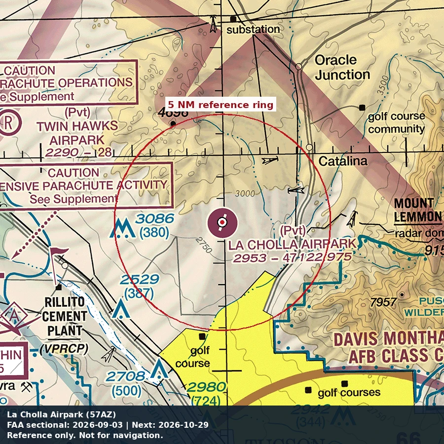La Cholla Airpark: 5 NM chart reference. Not for navigation.