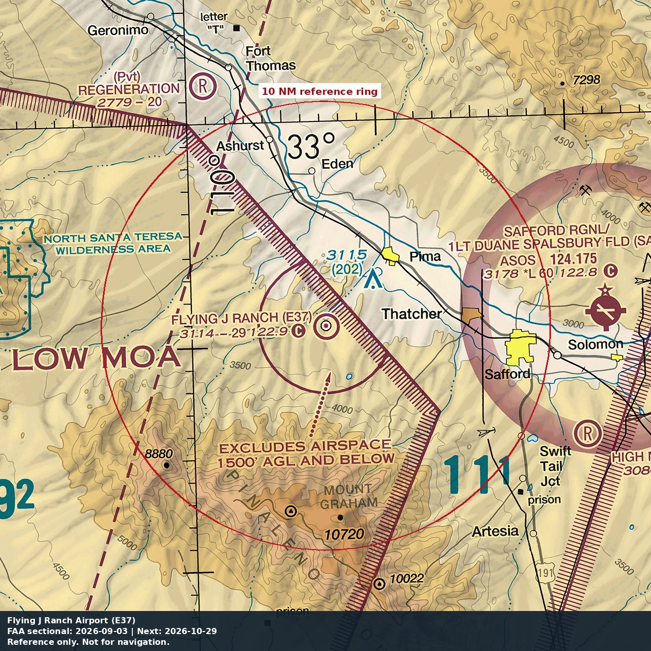 Flying J Ranch Airport: 10 NM chart reference. Not for navigation.