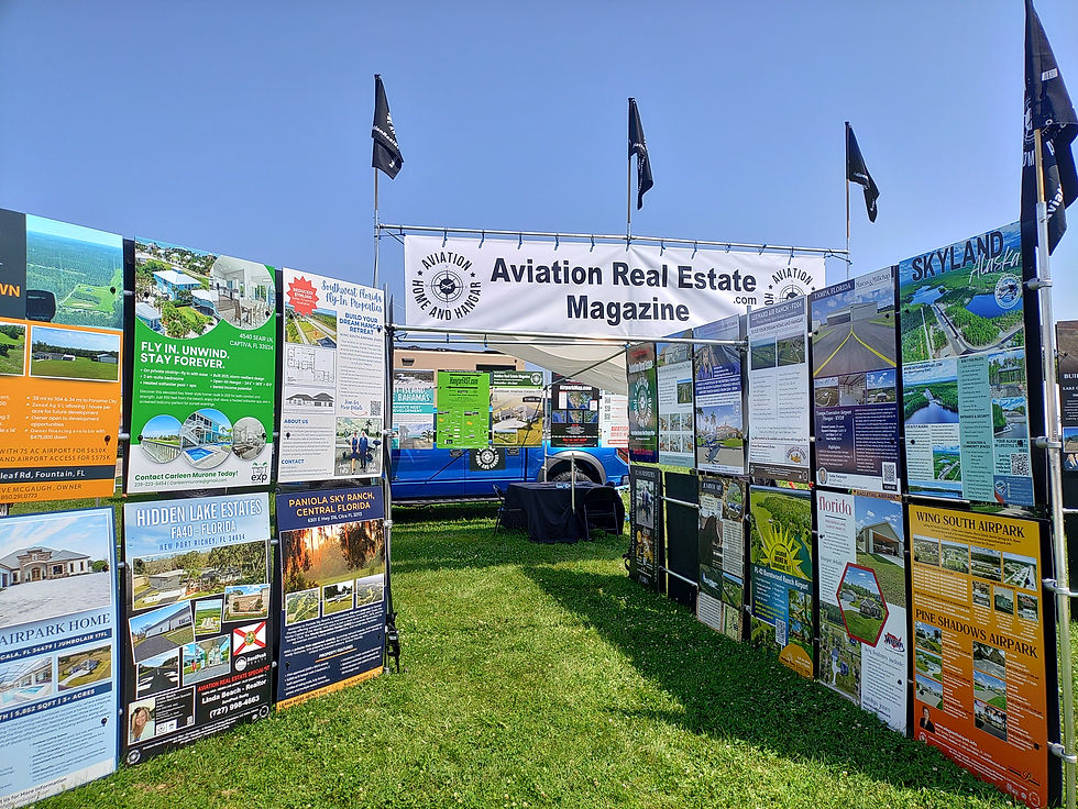 Show posters at aviation real estate magazine show booth.
