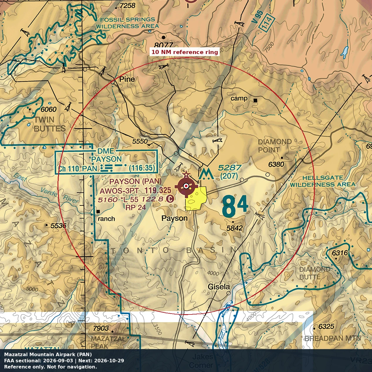 Mazatzal Mountain Airpark: 10 NM chart reference. Not for navigation.