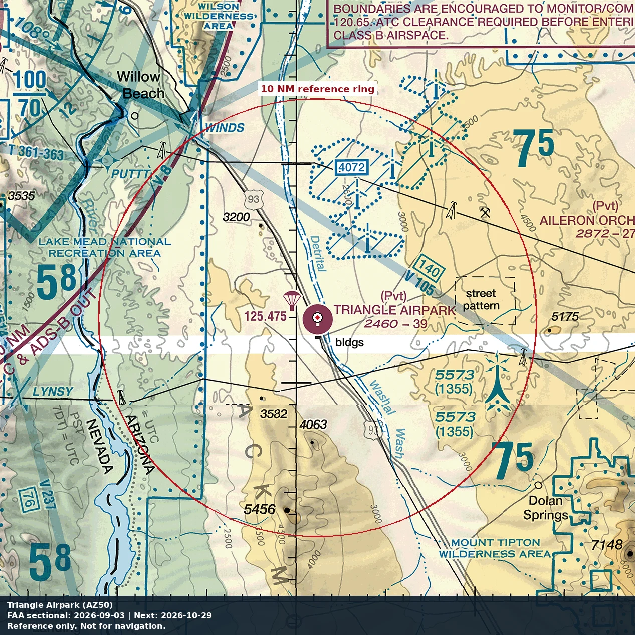 Triangle Airpark: 10 NM chart reference. Not for navigation.