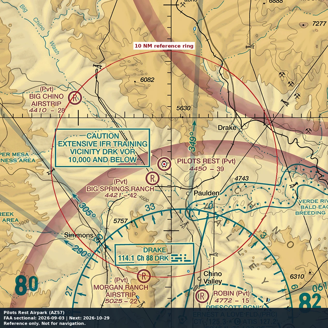 Pilots Rest Airpark: 10 NM chart reference. Not for navigation.