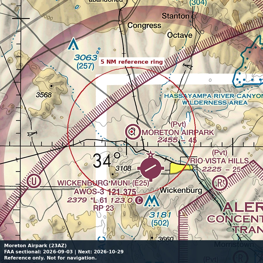 Moreton Airpark: 5 NM chart reference. Not for navigation.