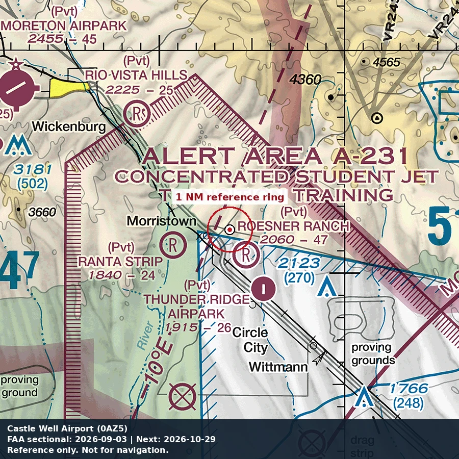 Castle Well Airport: 1 NM chart reference. Not for navigation.