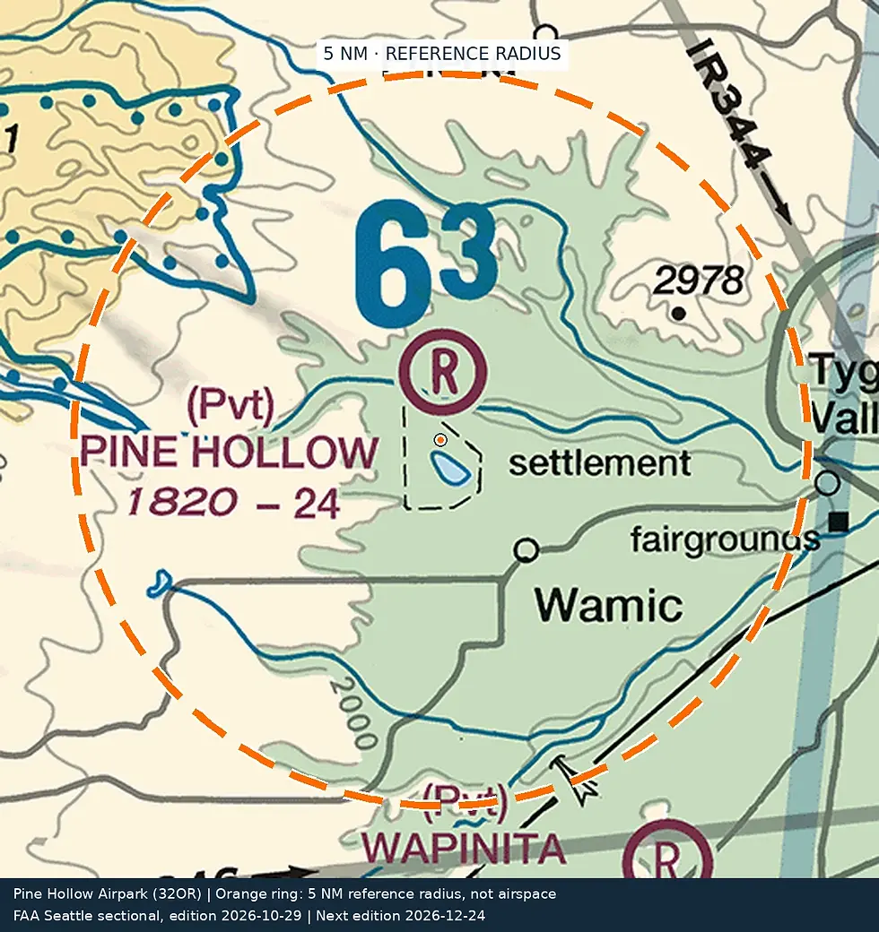 FAA sectional reference with a 5 nautical mile radius. Not for navigation.