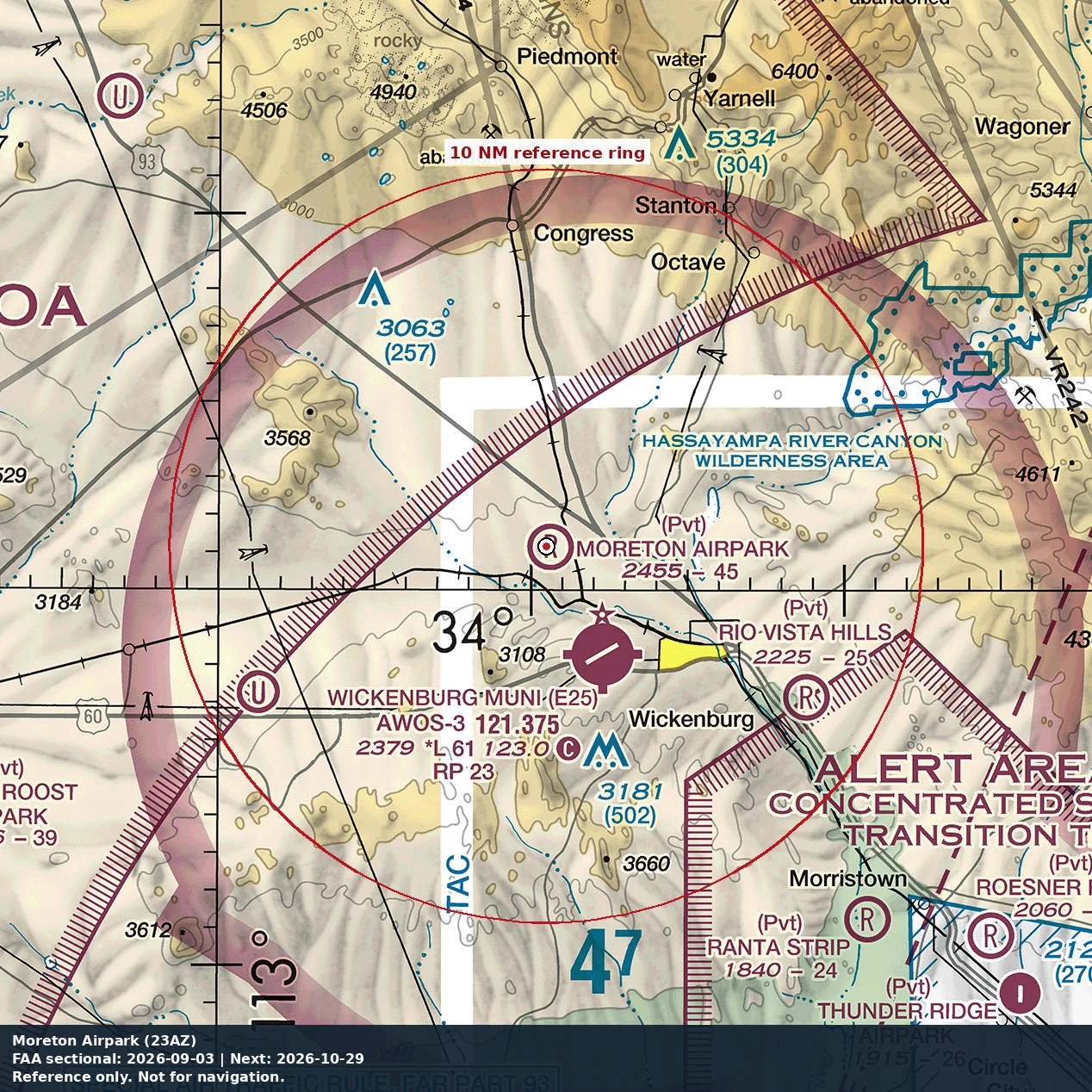 Moreton Airpark: 10 NM chart reference. Not for navigation.