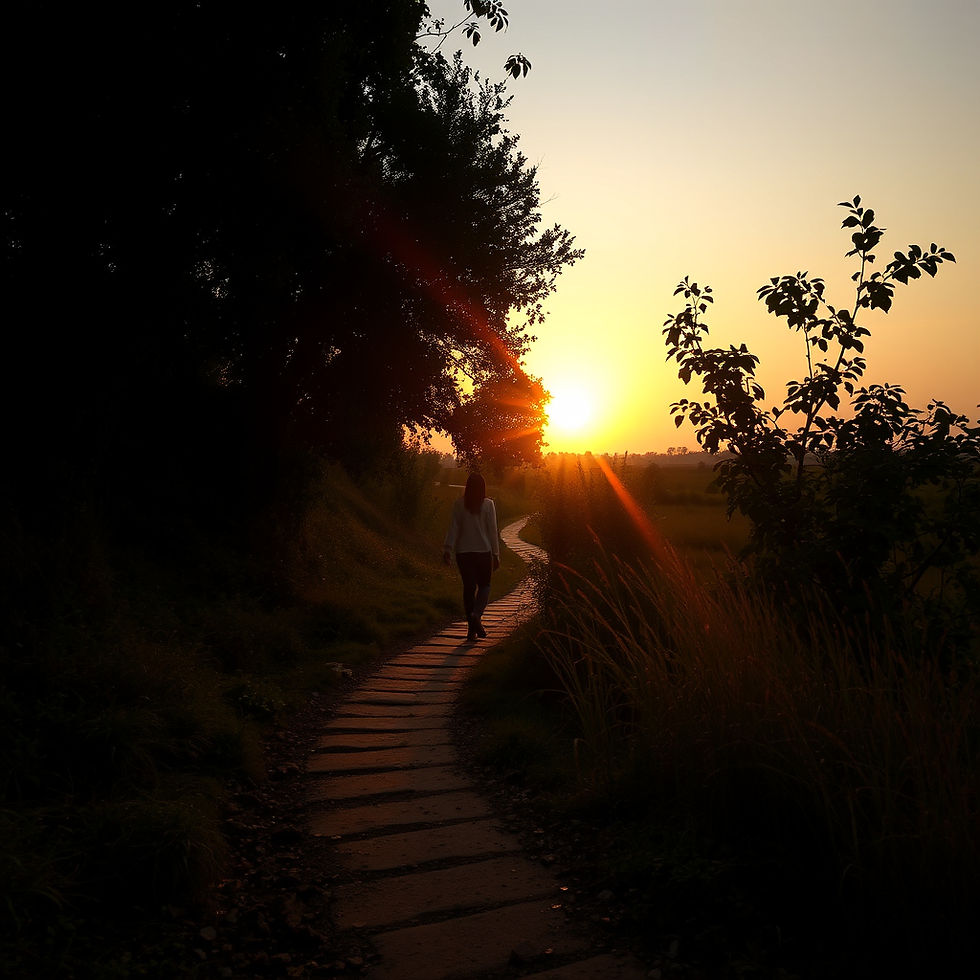narrow winding path that leads into a orang and yellow sunset.jpg