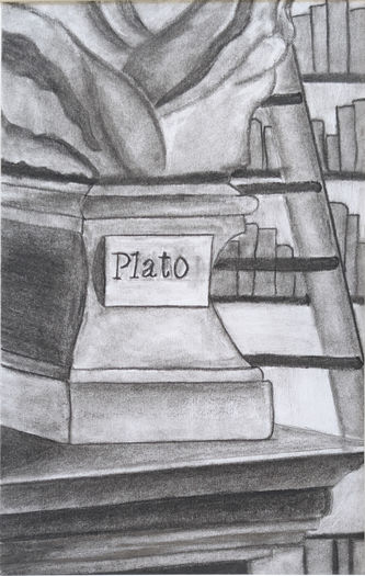 Graphite Drawing Of marble statue (bottom half) of Plato. Background includes books and ladder.