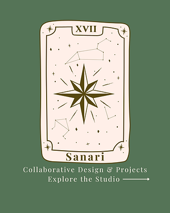 Shows tarot card with Star in middle surrounded by a green backround. the text says, "Sanari. Collaborative Design & Projects. Explore the studio." then a white arrow pointing to the right.