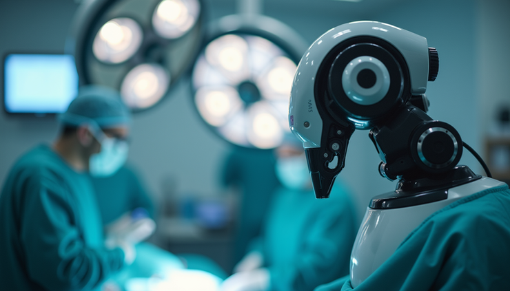 Vista frontal de sistema robótico cirúrgico em sala de operação moderna