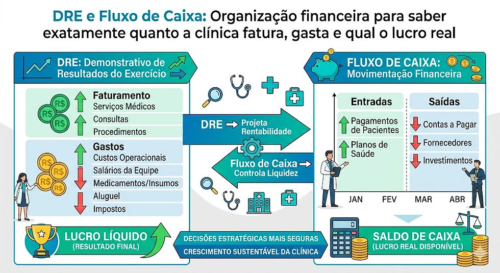 DRE e Fluxo de Caixa: Organização financeira para saber exatamente quanto a clínica fatura, gasta e qual o lucro real