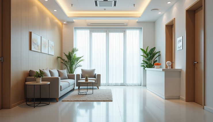 Vista frontal de recepção de clínica médica com ambiente acolhedor e organizado