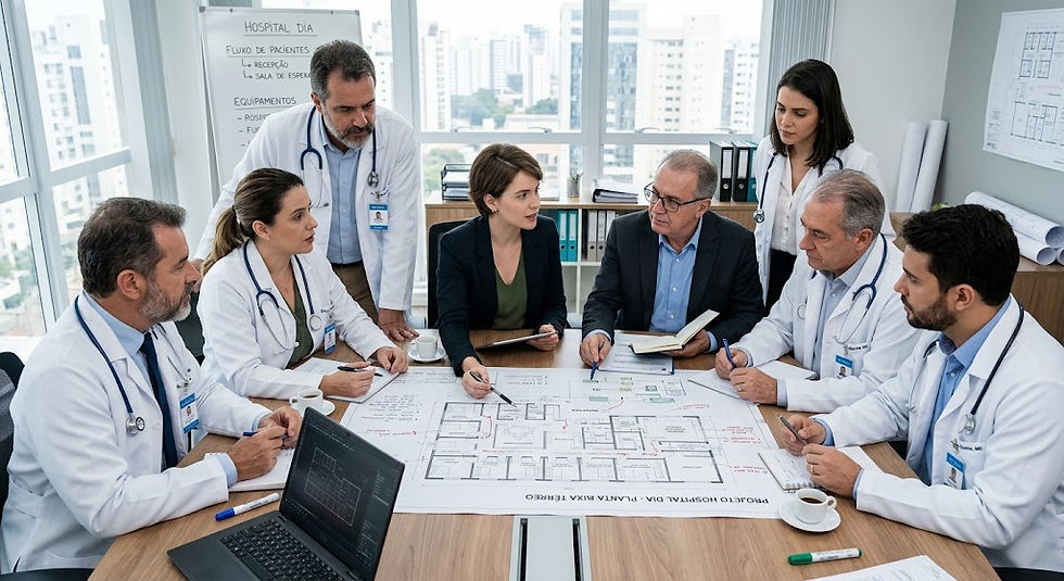 Vista ampla de uma sala cirúrgica ambulatorial vazia preparada para procedimentos eletivos