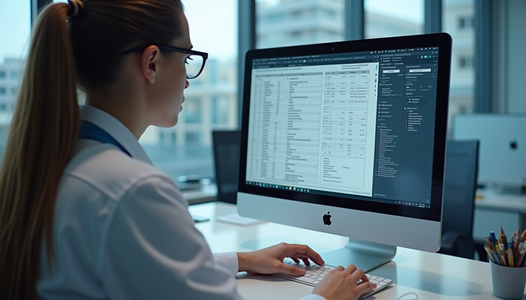 Eye-level view of a medical billing specialist reviewing patient claims on a computer screen