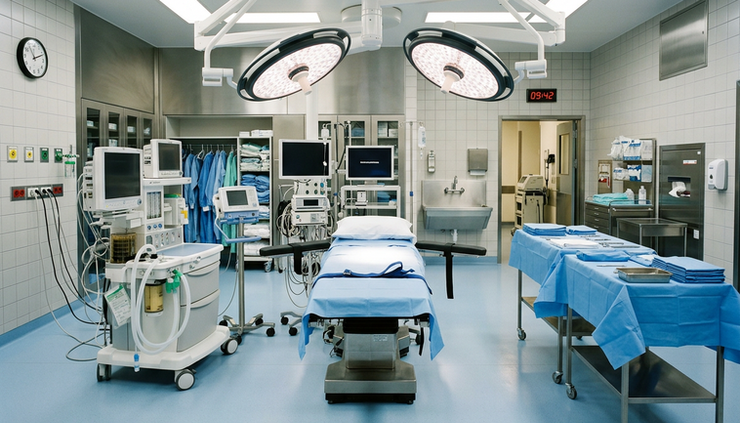 Wide-angle view of an empty operating room prepared for the next surgical case
