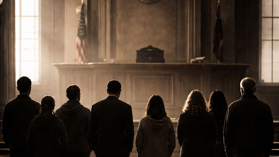 A group of ordinary citizens of different ages standing before an empty judge’s bench in a courtroom, symbolizing due process, restraint of power, and the individual subjected to the justice system.