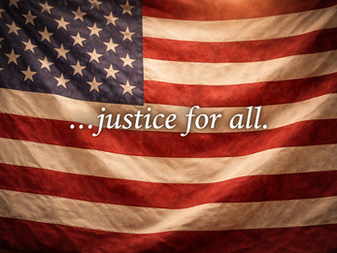 A heritage-style American flag with the words “justice for all” centered across the fabric.