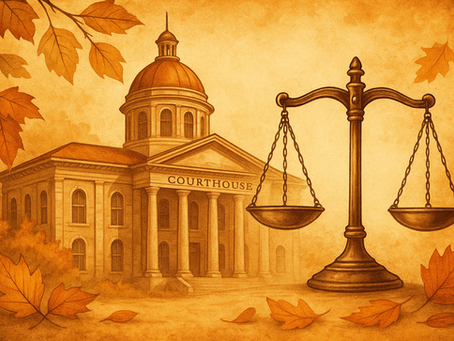 Antique-style illustration of a courthouse with balanced scales of justice surrounded by fall leaves.