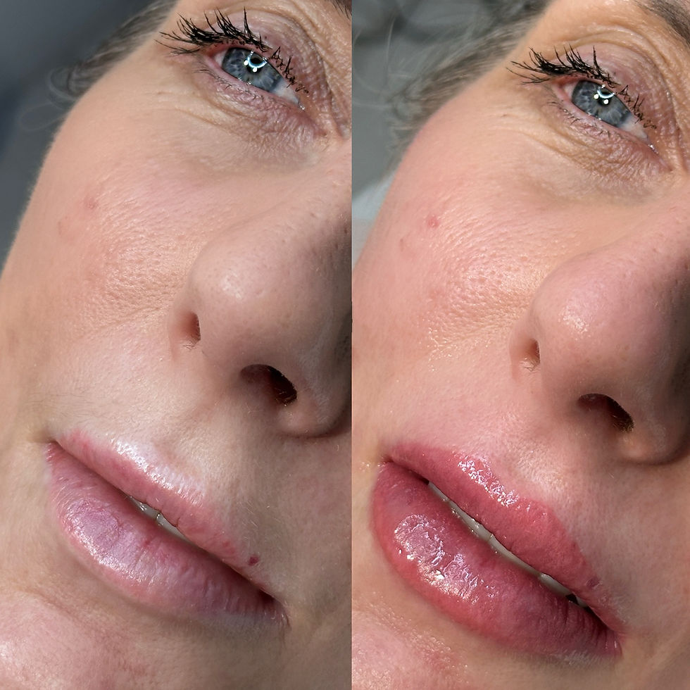 Lip enhancement transformation through a lip blush tattoo by Ira Bale Brows, showcasing natural, fuller-looking lips.