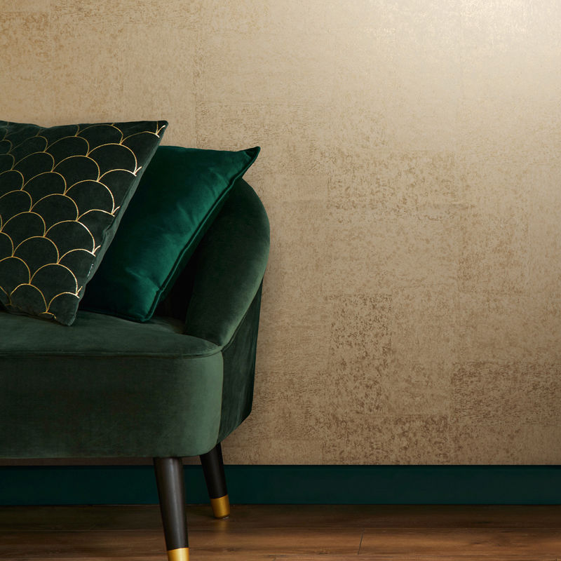 Living area with distressed plaster-inspired wallcovering