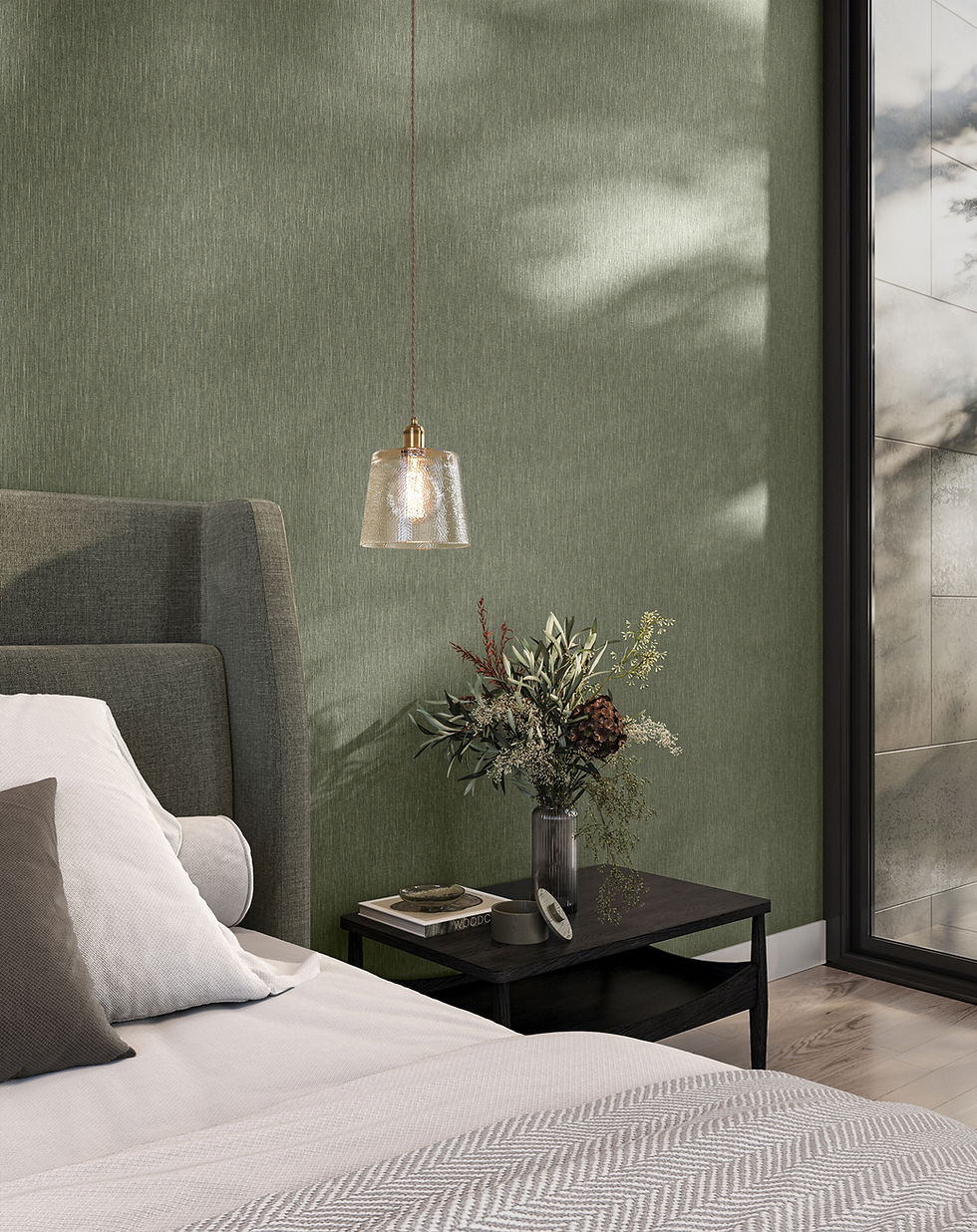 Green wallcovering in a bedroom.