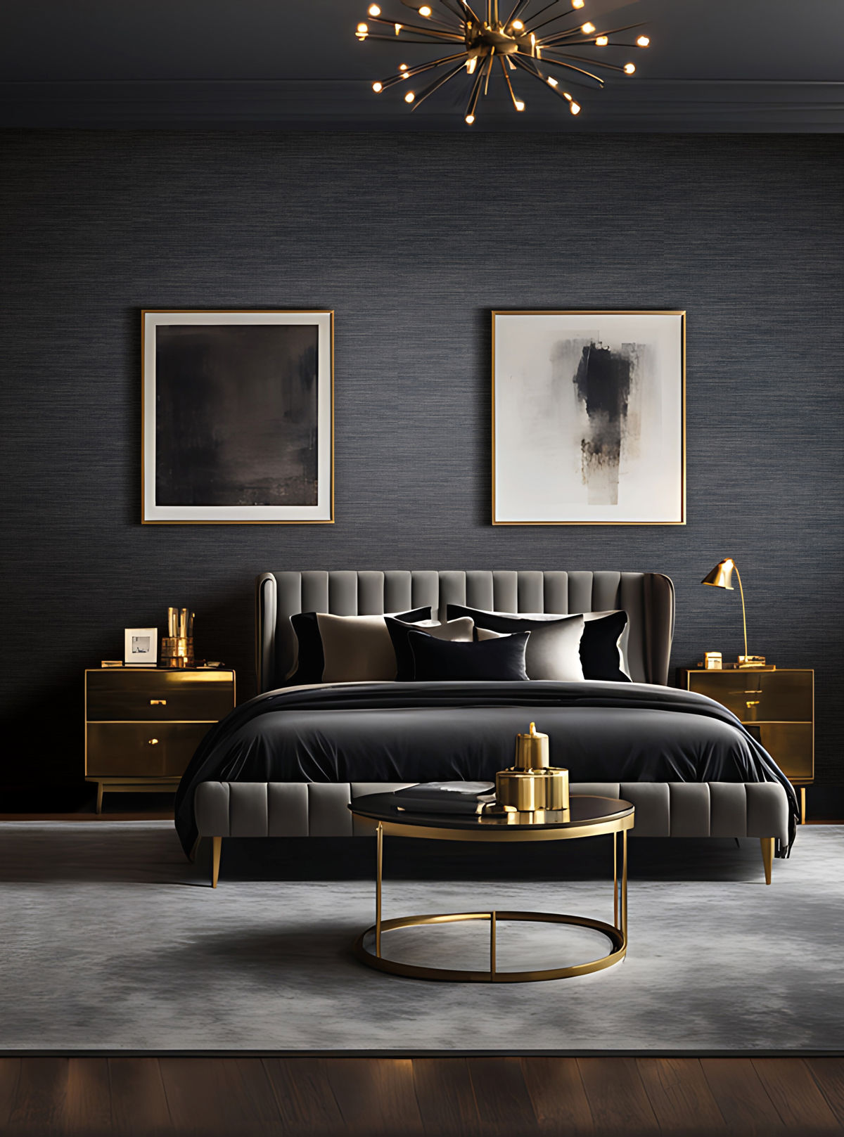 bedroom with dark textured wallcovering