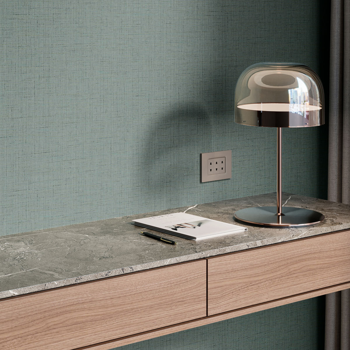 Modern desk with textured wallcovering