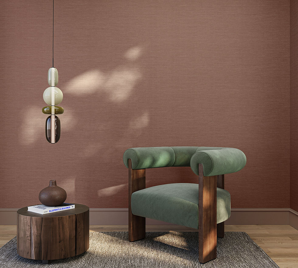 Chair and table with wallcovering behind.