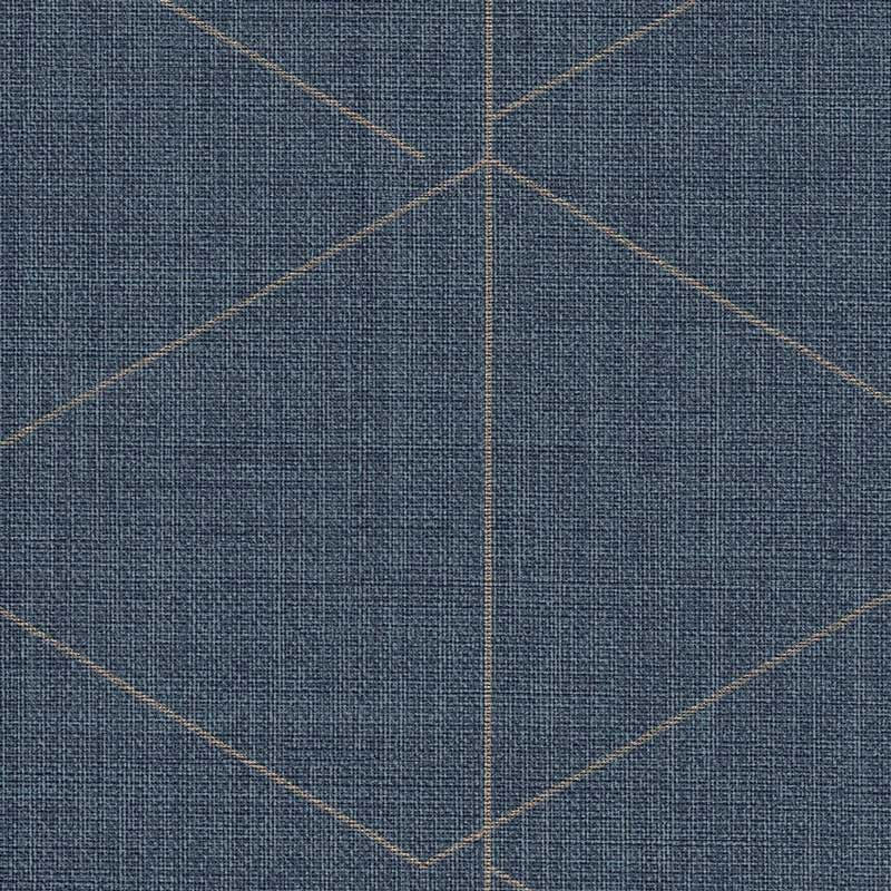 Geometric woven wallcovering in deep blue with gold lines.