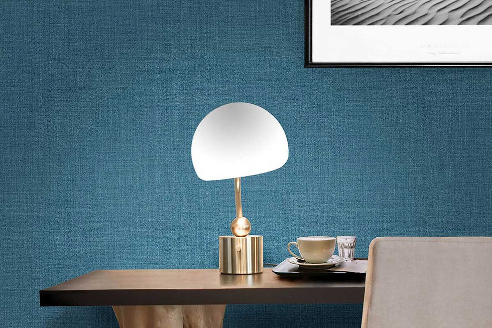 side table with lamp showcasing a rich blue textured wallcovering
