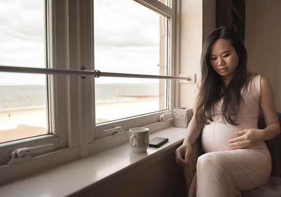 Pregnant woman looking out a window by the ocean. Text highlights online mental health support for pregnancy, postpartum, breastfeeding, hormonal mood shifts, grief, and trauma.
