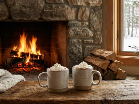 Zwei Tassen heißer Kakao vor einem Kaminfeuer.