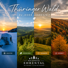 Collage des Thüringer Waldes im Frühling, Sommer, Herbst und Winter – Urlaub zu jeder Jahreszeit
