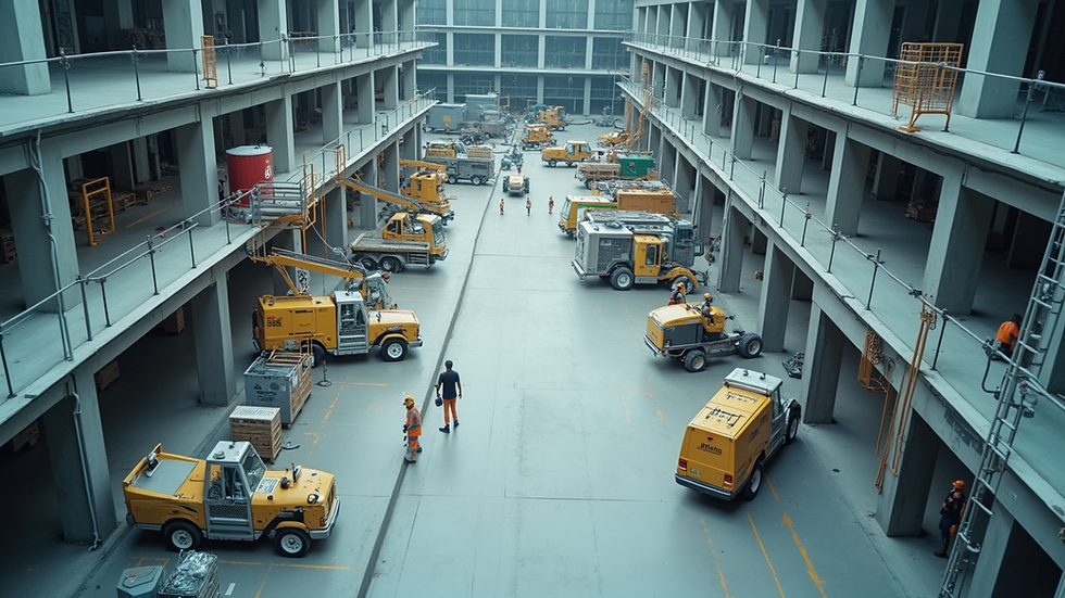 High angle view of a healthcare facility construction site with workers and equipment