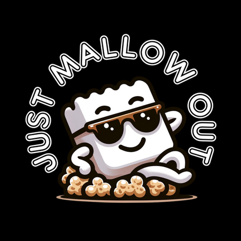 Graphic illustration of a smiling marshmallow character wearing sunglasses, reclining on a pile of popcorn, with the phrase 'JUST MALLOW OUT' in playful lettering around it.
