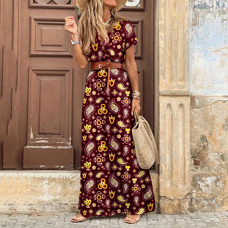 Thumbnail: Women's 2023 Floral Summer Dress Wrap V Neck Short Sleeve Belted Ruffle Hem Bohe