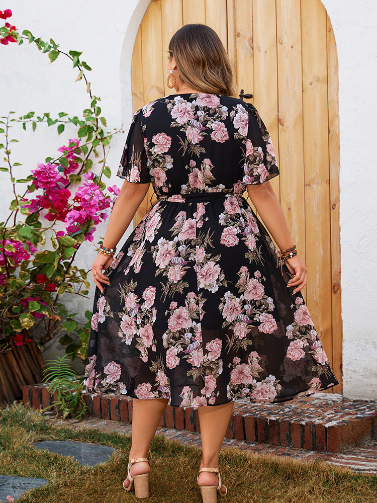 Thumbnail: GIBSIE Plus Size Surplice Neck Butterfly Sleeve Belted Dress Women Holiday Flora