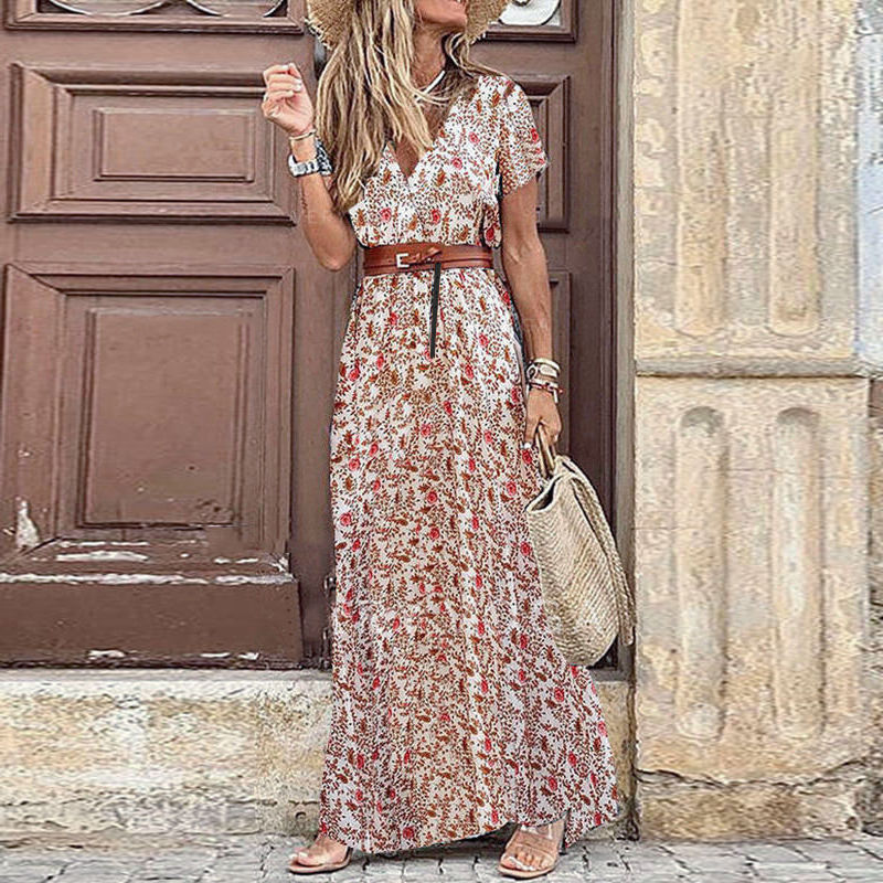Thumbnail: Women's 2023 Floral Summer Dress Wrap V Neck Short Sleeve Belted Ruffle Hem Bohe