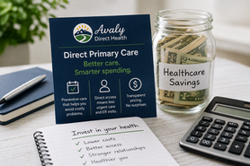 Direct Primary Care cost savings illustration with healthcare savings jar and transparent pricing concept