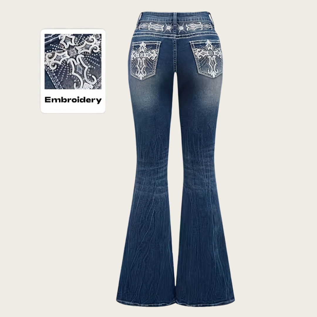 Jeans Flare Pants Women Vintage Boot Cut Embroidery Pockets Rhinestone Washed Fe