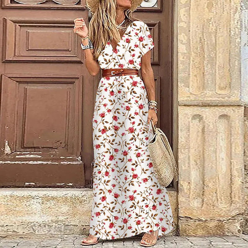 Thumbnail: Women's 2023 Floral Summer Dress Wrap V Neck Short Sleeve Belted Ruffle Hem Bohe