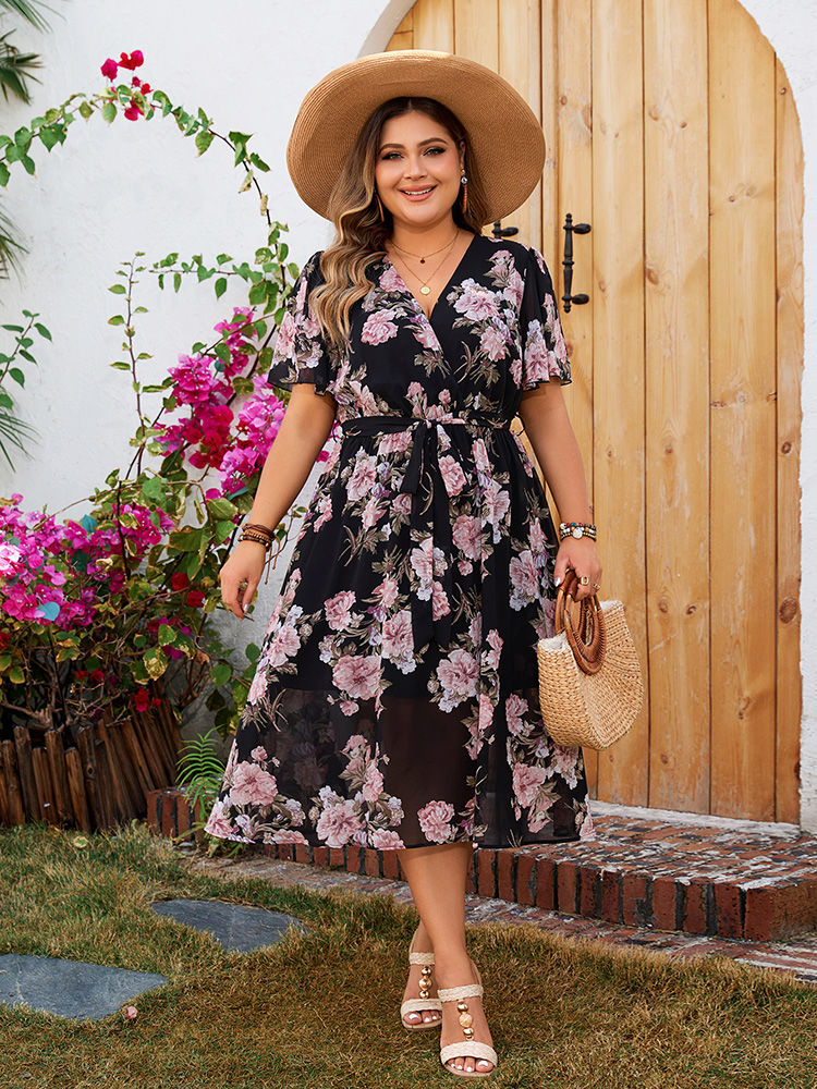 Thumbnail: GIBSIE Plus Size Surplice Neck Butterfly Sleeve Belted Dress Women Holiday Flora