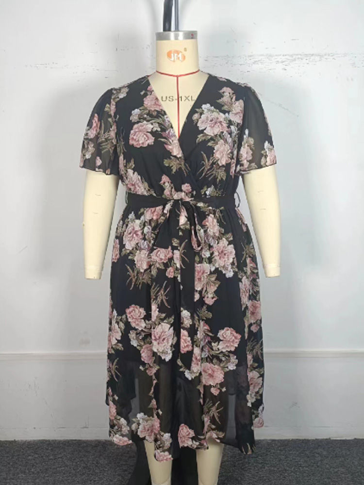 Thumbnail: GIBSIE Plus Size Surplice Neck Butterfly Sleeve Belted Dress Women Holiday Flora