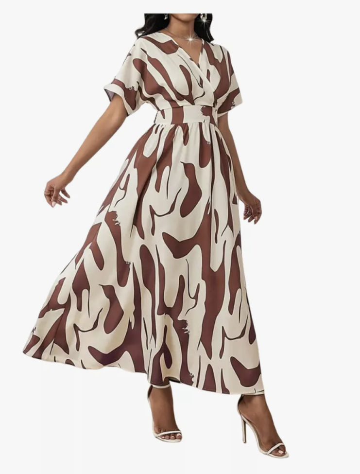 Thumbnail: Women's Green White Abstract Print V-Neck Midi Dress Short Sleeve High Waist A-L