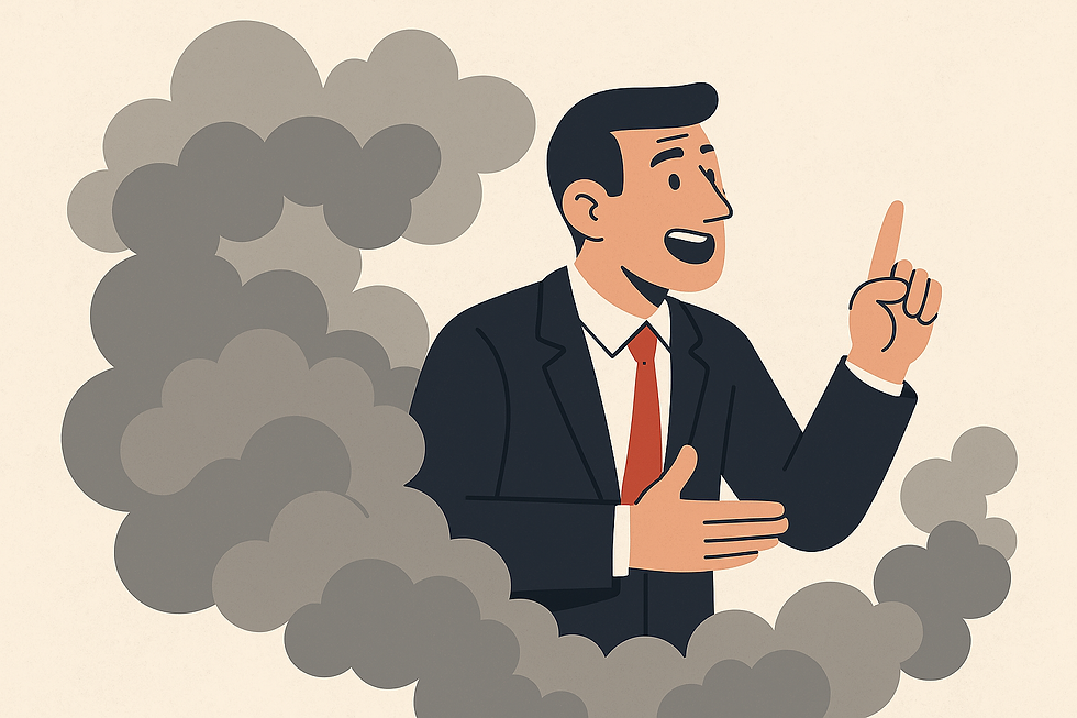 Ilustración digital moderna que representa el marketing de humo en 2025, con una figura vendiendo promesas vacías entre nubes de humo simbólicas, destacando la saturación y superficialidad del marketing actual.