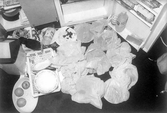 Full plastic bags arranged outside an open fridge